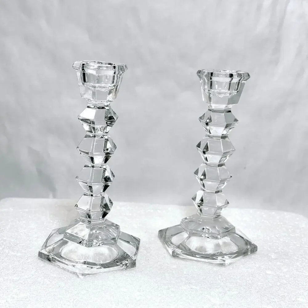 Vintage Faceted Crystal Clear Glass Candlestick Candle Holder Pair Centerpiece
